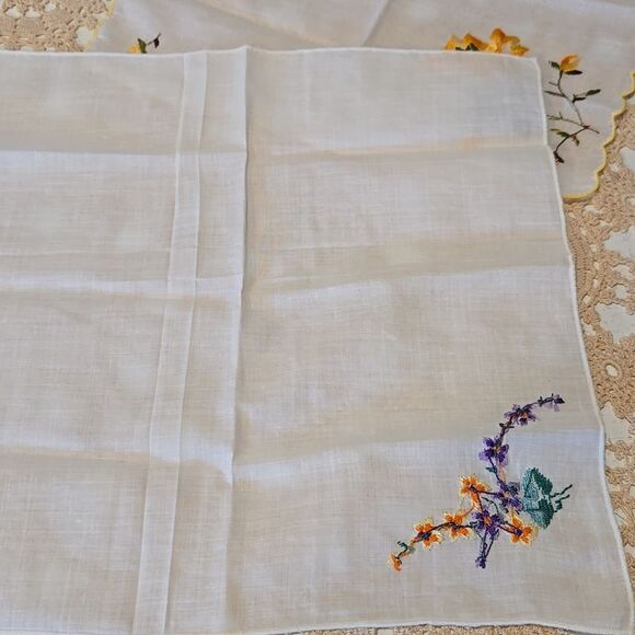 Vintage Floral Embroidered Handkerchief Set - Yellow, Purple, Green Accents - Picture 12 of 16